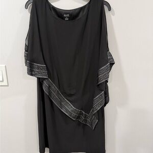 SLNY Asymmetrical Black Dress with Silver Trim